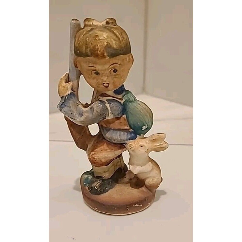 Vintage BOY HOLDING GUN w/ RABBIT FIGURINE BISQUE HAND PAINTED "THE HUNTER"